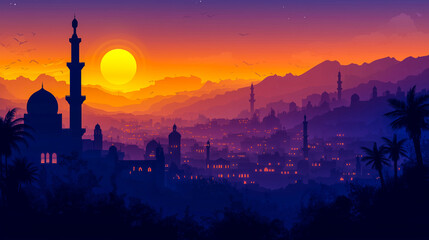 Naklejka premium Arabian cityscape, Mosque and house silhouettes. Night city buildings. Old Makkah and sundown mountains. Vector urban panorama card