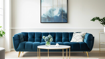 a striking living room interior design with a bold, dark-colored sofa (navy blue or emerald green) against light walls. Complement the sofa with contrasting furniture like a white coffee table