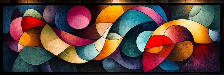 Abstract Jazz Club Vibes mural capturing essence of vintage jazz club abstract form color palette of smoky blue rich purple muted gold accented modern burst of hot pink electric green swirling line