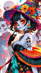 Manga people wearing vibrant costumes and intricate makeup gather together to celebrate El Día de Muertos.