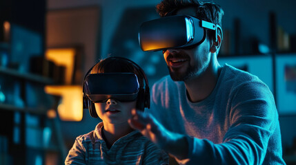 A father and son enjoy a virtual reality gaming experience together in a cozy, dimly-lit room, sharing moments of excitement.