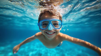 Fototapeta premium A joyful boy swims underwater, wearing blue goggles, showcasing a moment of fun and adventure in a vibrant aquatic environment.