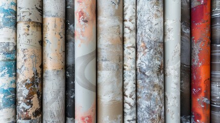 Various wallpaper rolls. Different textures and colors, ai