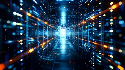 Server Room with Bright Lights and Network Connections