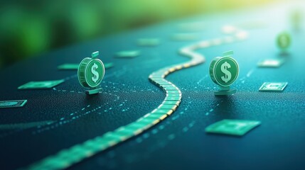 Financial Goal Setting Roadmap with Pastel Dollar Signs and Copy Space