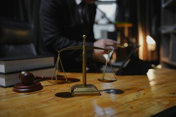 Judge gavel with Justice lawyers having team Concepts of Law and Legal services