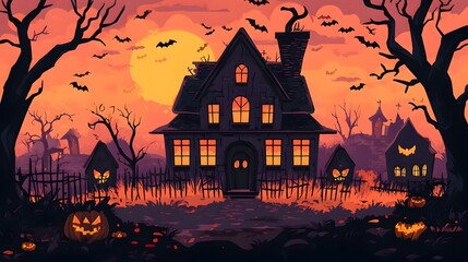 Bright and Playful Haunted House with Halloween Theme in Cartoon Style