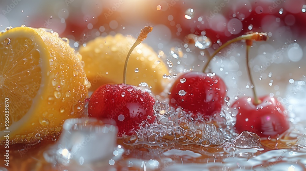 Sticker fresh cherries and lemon slices splashing in water with bubbles in sunny light