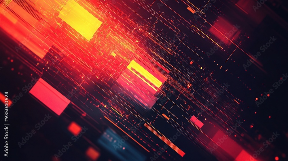 Poster neon data stream: abstract digital art of vibrant red and orange streaks of light, symbolizing the r