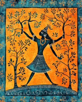 Colorful ethnic painting depicting hindu god shiva holding trees, symbolizing life and nature in traditional gond art style