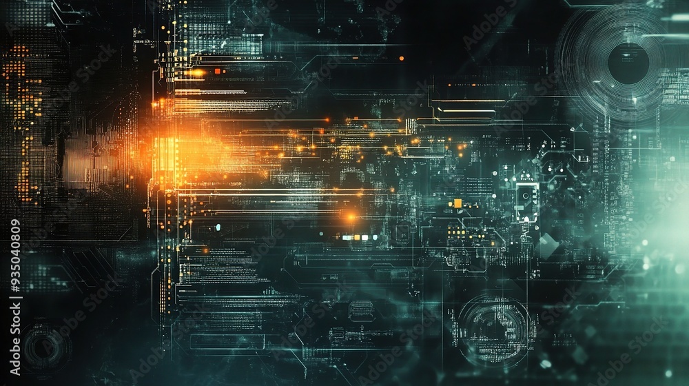 Poster cybernetic heartbeat: abstract digital art with a mesmerizing blend of glowing orange and teal, simu