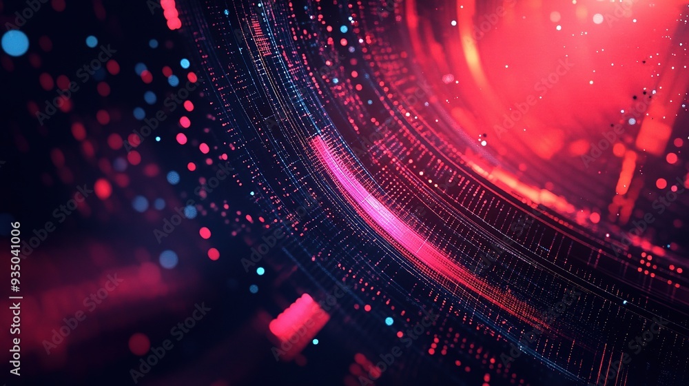 Poster Neon Data Stream: A vibrant, abstract 3D render of a futuristic data stream, pulsating with neon pink and blue lights, against a deep, cosmic backdrop. 
