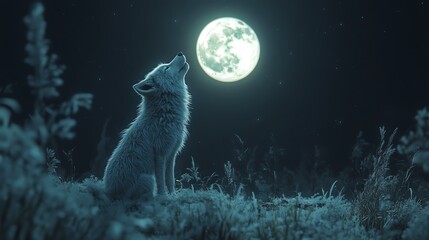 Obraz premium Furry wolf pup howling at the moon in a moonlit clearing, blending innocence with wild instincts, wild spirit, natural harmony