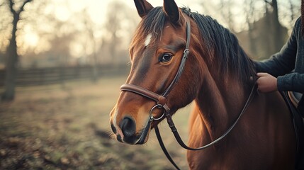 Obraz premium Horse calmly standing while being groomed by its owner, showcasing trust and training, equine behavior, interaction and care