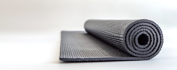 A twisted gray yoga mat. White background, empty space for text.