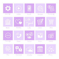 A unique set of hand-drawn purple icons, perfect for enhancing mobile, tablet, and app designs with a romantic, artistic touch and universal versatility