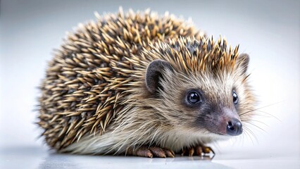 Obraz premium Cute hedgehog with spikes curled in a defensive posture, hedgehog, animal, wildlife, spines, prickly, adorable, quills, small