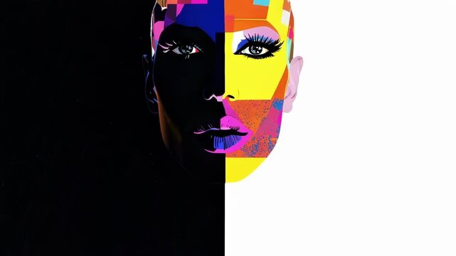 Colorful illustration of a woman face divided in two by a vertical line, representing duality and the contrast between light and shadow