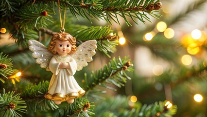 Obraz premium Angel figure ornament hanging in a Christmas tree, Christmas, decoration, festive, holiday, ornament, angel, figure, wings