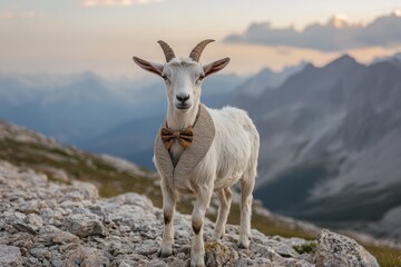 Naklejka premium Dapper Goat: A goat in a bow tie and vest, standing on a rocky mountain path.