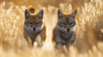 Fototapeta premium Pup and jackal playfully chasing each other through tall grass, playful partners, wild companionship