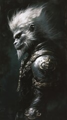The Chinese myth of Journey to the West, a portrait of Sun Wukong, a black monkey with a sharp and firm gaze, embodies his strategic thinking and courage. His silver fur and elaborate armor not only p