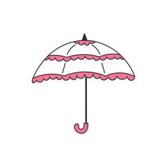 Coquette Vintage Umbrella. Elegant women's parasol with pink frill. Female chic fashion accessory in hand drawn doodle style. Outline vector illustration © Marina