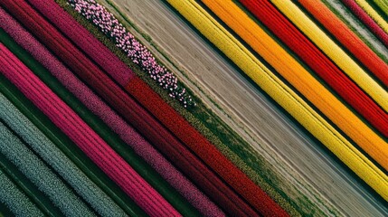 Aerial View of a Colorful Tulip Field