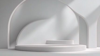 Fototapeta premium Minimalist White Podium: A modern and sleek white podium with soft lighting, perfect for showcasing products, branding, or displaying your latest creations. 