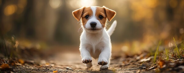 Terrier puppy with a playful yet obedient stance, reflecting its tame and loyal personality, calm energy, tame pup