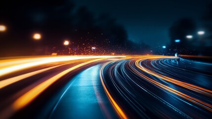 Obraz premium Dynamic night scene showing vibrant light trails from moving vehicles on a wet road, creating a sense of motion and energy.