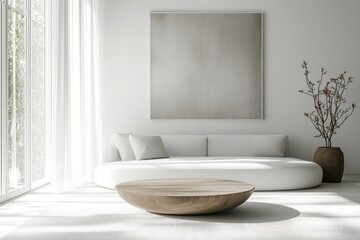 A high-resolution photo of a modern luxury living room with minimalist decor in white tones The room features a comfortable sofa a sleek coffee table and minimalistic wall art Large windows with