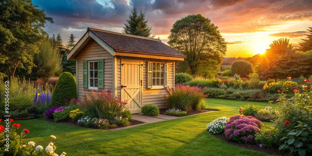 Sticker Cozy little cottage garden shed nestled in grassy flower beds at sunset, cottage, garden shed, grassy, flower beds, cozy