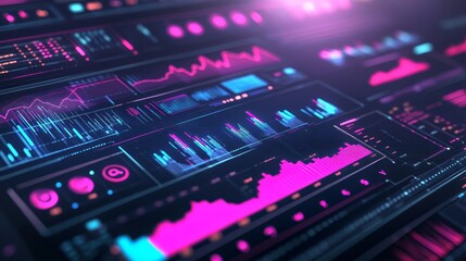 Fototapeta premium Futuristic digital interface displaying colorful data visualizations, graphs, and stats for advanced analytics and technology.
