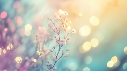 Fototapeta premium Soft, dreamy floral background with delicate blooms and colorful bokeh lights, perfect for spring or nature-themed projects.