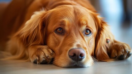 Obraz premium A close-up of a golden retriever laying on the floor, showcasing its soulful eyes and beautiful, golden fur.