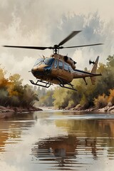 A helicopter flying low over a river in watercolor style