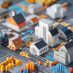 Obraz premium Real estate market analysis, property icons with financial graphs