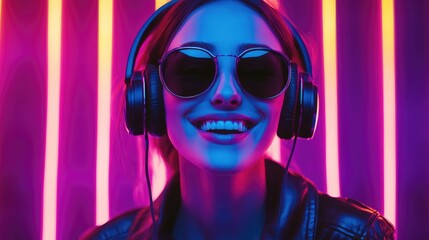 Portrait of happy pretty woman listening to music with headphones with cyberpunk style.