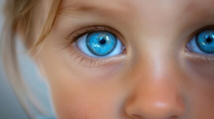 Fototapeta premium A tight shot of a child's blue eyes gazing directly at the camera, toothbrush in mouth