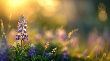 Obraz premium A tight shot of a purple bloom amidst a sea of grass, with the sun filtering through the trees behind
