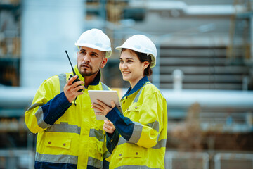 Two engineer working Industry in oil refinery equipment Check and check the condition of the machinery system , Engineering concept.
