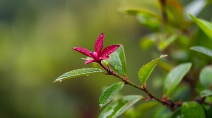 Obraz premium A red flower in focus on a tree branch, water droplets gleaming on leaves, background softly blurred