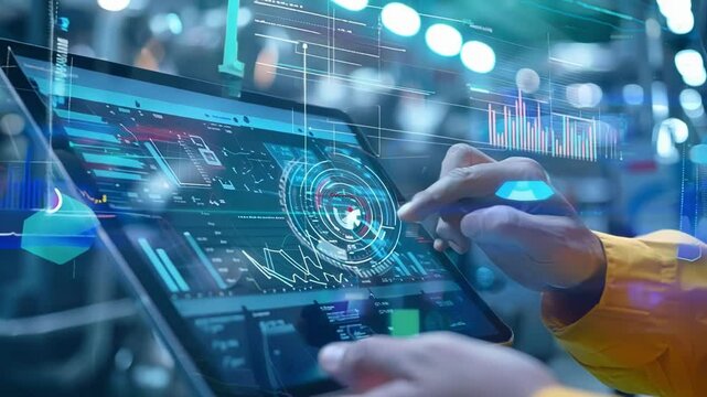 Focused engineer in yellow jacket using tablet in modern factory, showcasing tech integration and efficiency in industrial operations