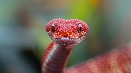 Fototapeta premium A red snake's head up close with blurred tree background