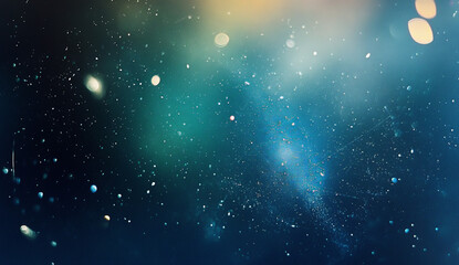 Fototapeta premium A dark blue background with light blue and yellow bokeh lights and dust particles.