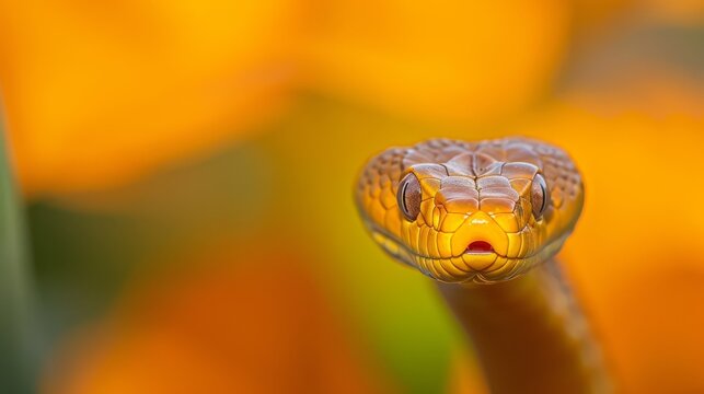  A tight shot of a snake's head atop a verdant stem, surrounded by yellow blossoms in the backdrop