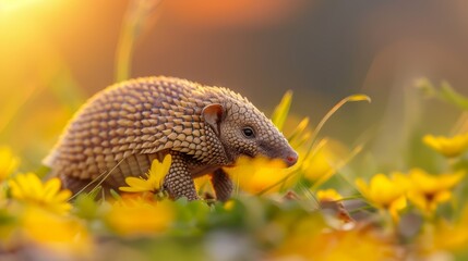  A tight shot of a small creature amidst a flower-filled field, with the sun casting light upon its back