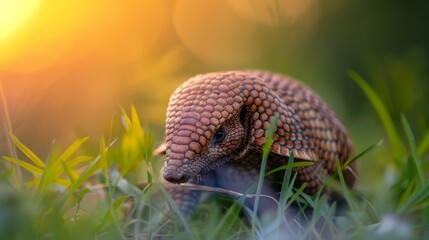  A tight shot of a small armadillo in a sea of green grass, framed against a radiant sunlit sky