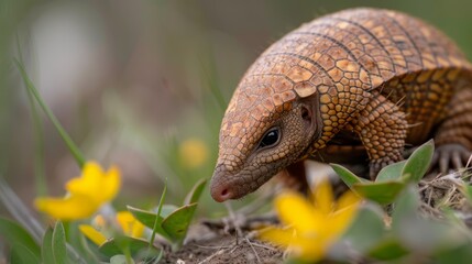  A tight shot of a small animal amidst a grassy expanse dotted with yellow flowered plants in the foreground